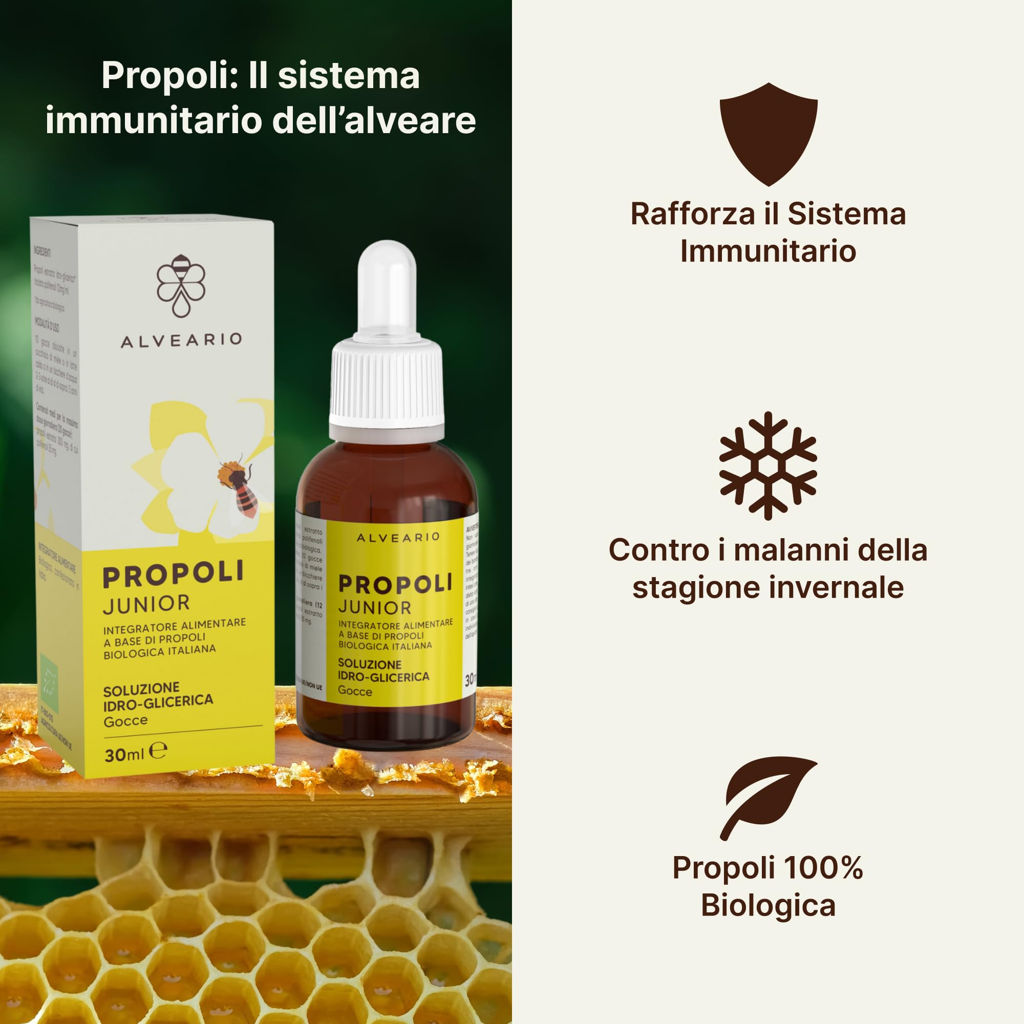 ALVEARIO - Propoli Junior Integratore Alimentare a base di propoli Biologica, adatto ai bambini, sollievo per mal di gola forte, tosse grassa, tosse secca e raffreddore 2 x 30 ml