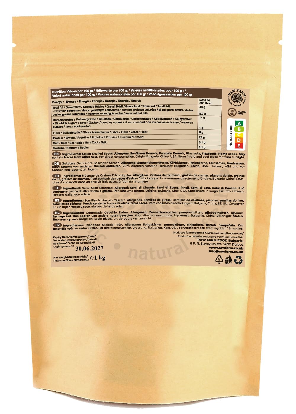 Raw Farm Mezcla de semillas crudas 5 variedades 1 kg calabaza girasol lino piñones cáñamo sin gluten sin soja
