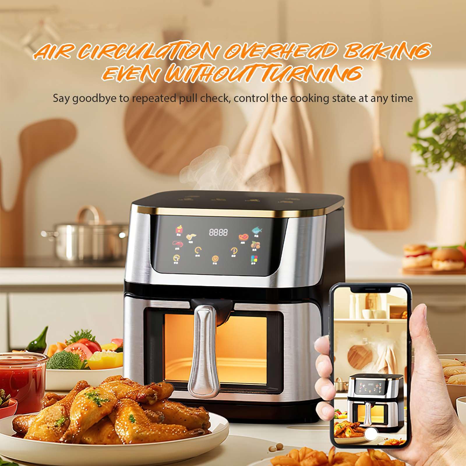 Freidora De Aire De 12L Con Ventana De Visualización, Touch Digital Display, Circulación De Aire Caliente Sin Volteo, Menús De Grasa, Hornear Uniforme, Menús Preprogramados Saludables, Ideal Familia