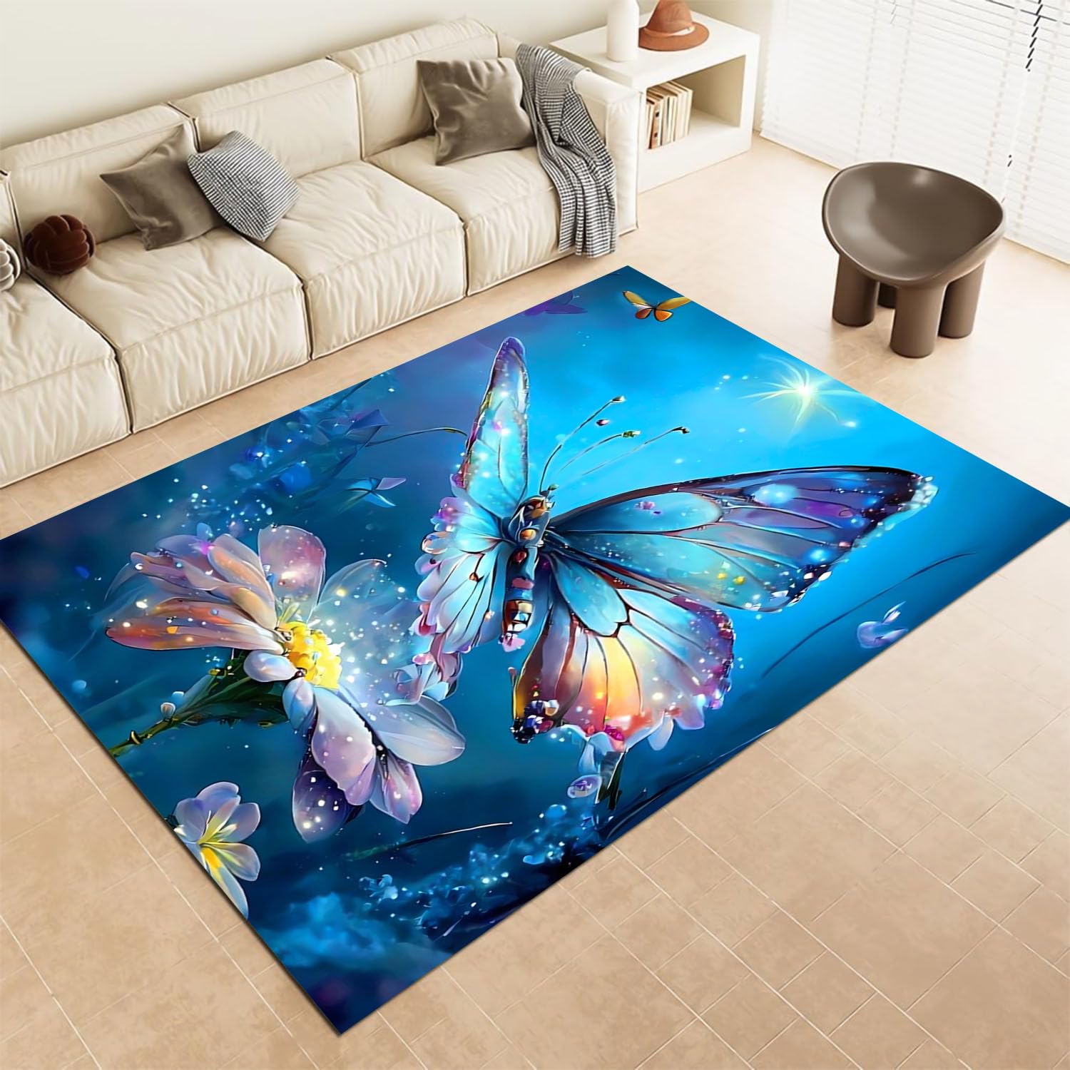 Tapis papillon de salon créant un espace de jeu doux pour enfant