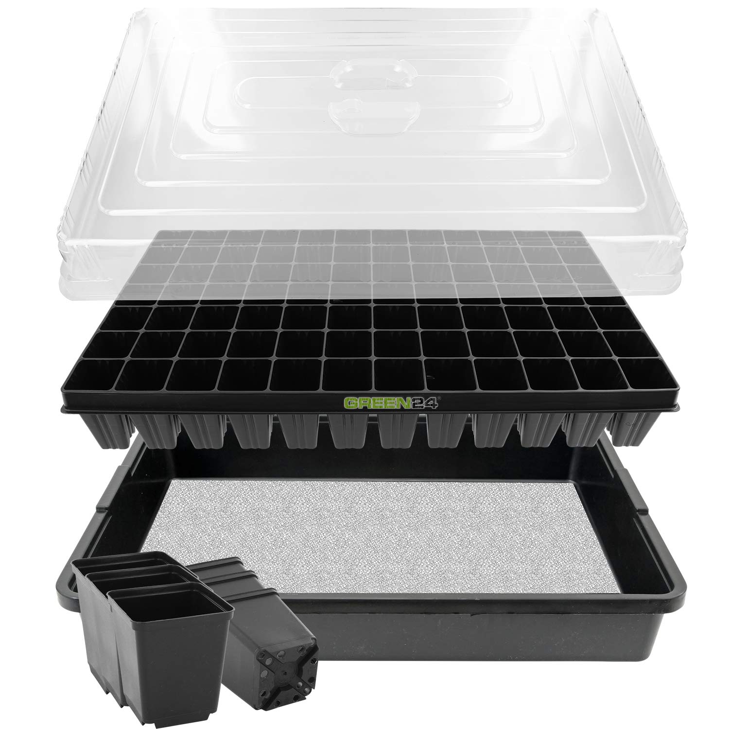 GREEN24 Anzucht-System 84WT Zimmer-Gewächshaus XXL Profi mit automatischer Bewässerung für die Anzucht Zimmer Treibhaus mit Wasser-Wanne + Kapillarsystem + Topfplatte + Haube + Töpfe