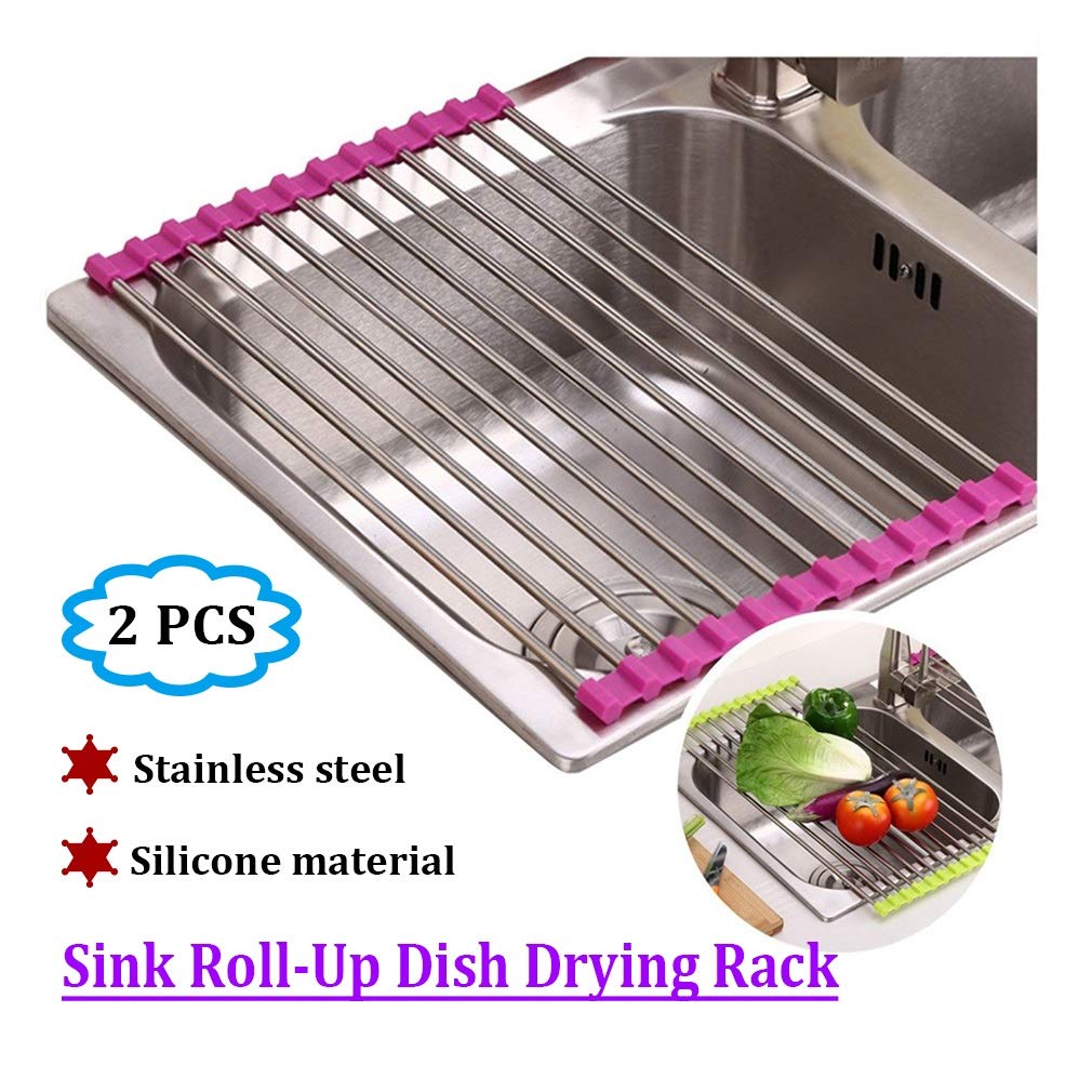 Geschirrabtropfgestell aus Edelstahl, 2er-Pack aufrollbarer Geschirr-Trockenständer, Küchenspüle-Matte, 12 Röhren, Mehrfarbig, mehrere Größen(Pink,470X220MM)