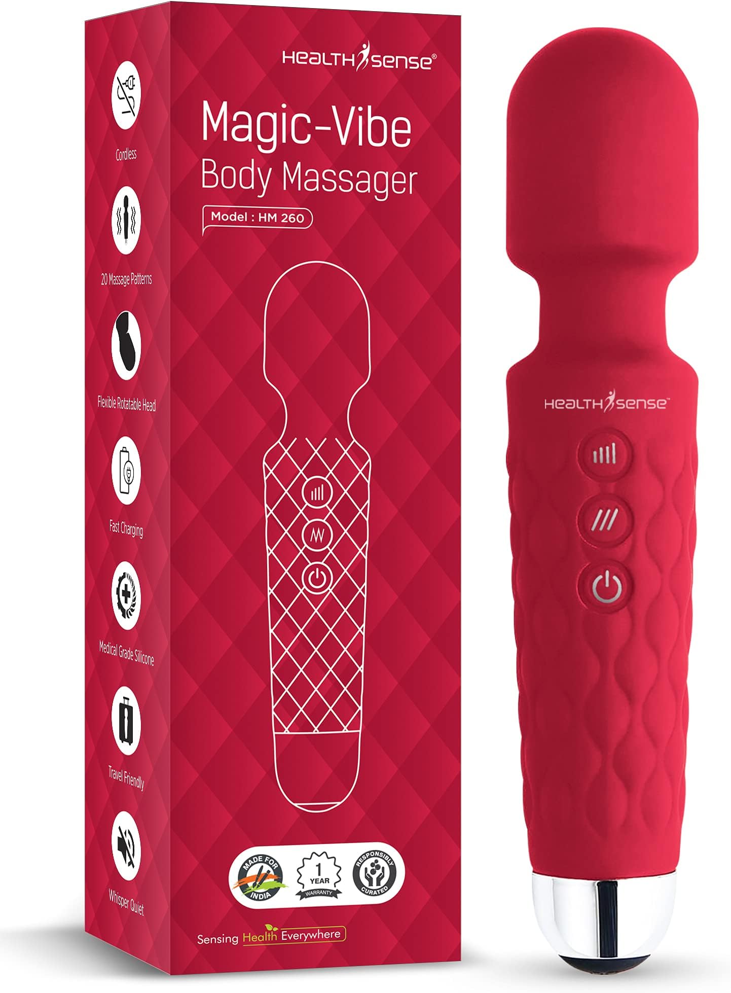 HealthSense Cordless Full Body Massager Machine for Pain Relief, Handheld Back Massage Machine with Medical Grade Silicone, Fast Charging, 8 Speeds, 20 Modes & 1 Year Warranty - Magic-Vibe HM 260