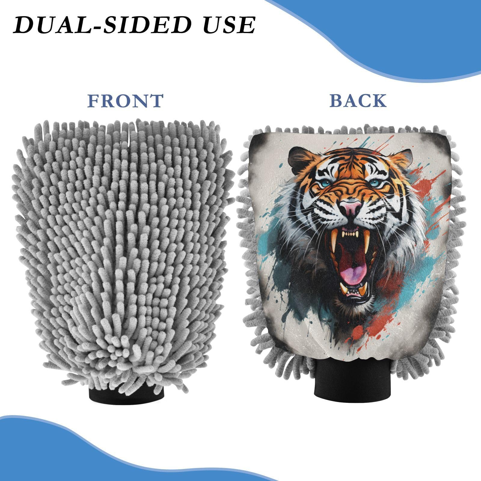 ALAZA Roaring Tiger Watercolor Car Wash Mitt Scratch Free, 2 Pack Absorbent Microfiber/Chenille Washing & Drying Mitts, L