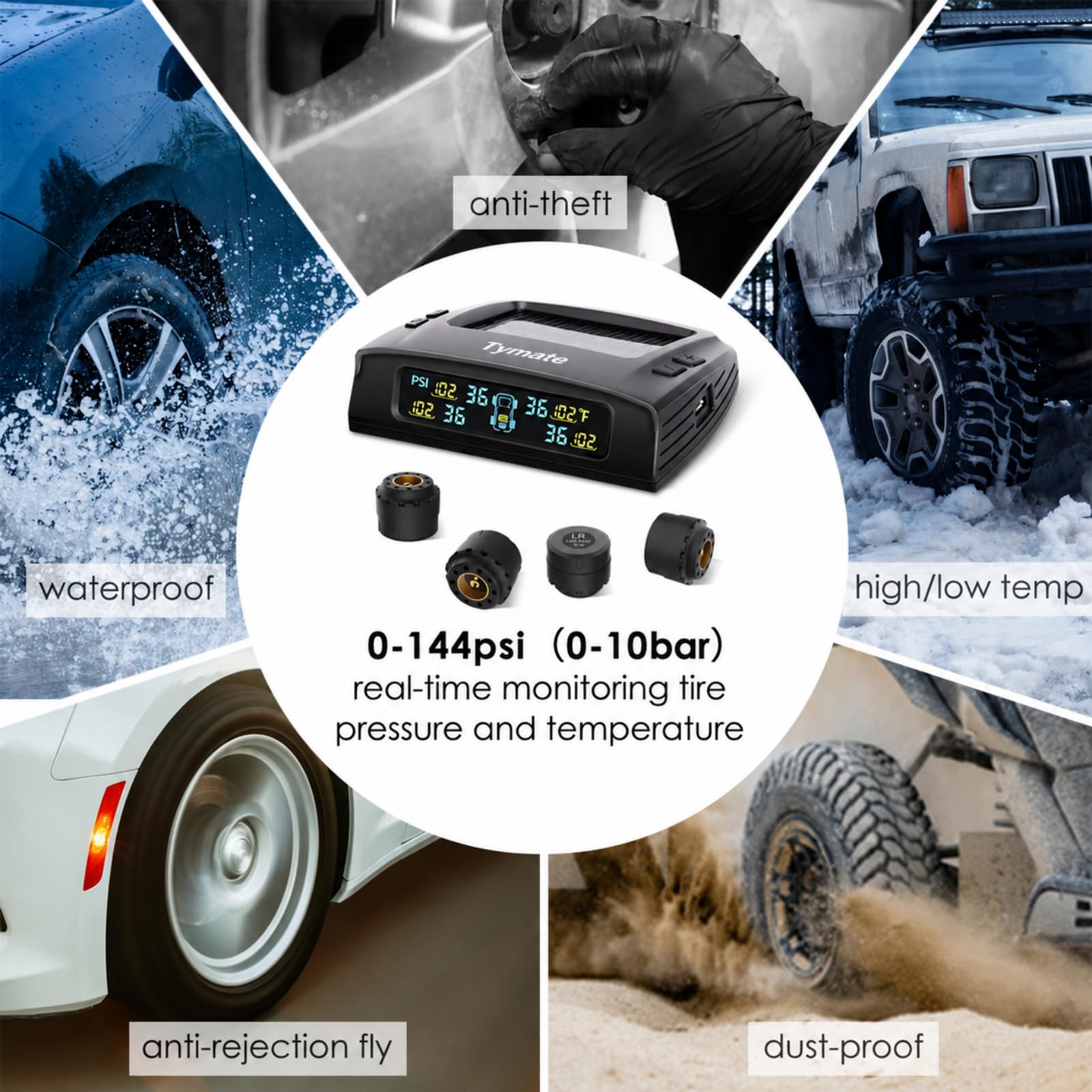 Tymate Sistema di monitoraggio della pressione dei pneumatici per camper, sistema di monitoraggio della pressione dei pneumatici con carico solare, TPMS rimorchio con 4 sensori e 5 modalità di allarme