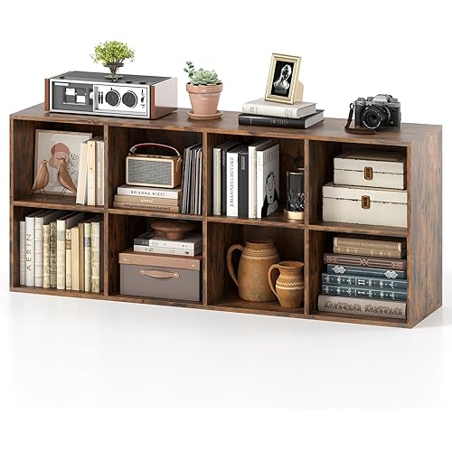 Tangkula 8-Cube Bookcase, Large Floor Standing Horizontal Bookshelf with 8 Open Shelves & 2 Anti-Tipping Kits, Home Office Wooden Storage Book Shelf for Living Room, Study (Rustic Brown, 8-Cube)