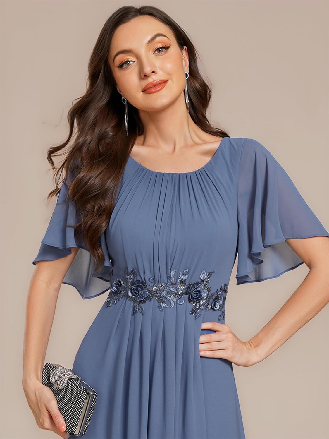 Ever-Pretty Women's Round Neck Pleated Short Sleeves Appliques A-line Chiffon Midi Formal Evening Dresses 02961 - Image 3