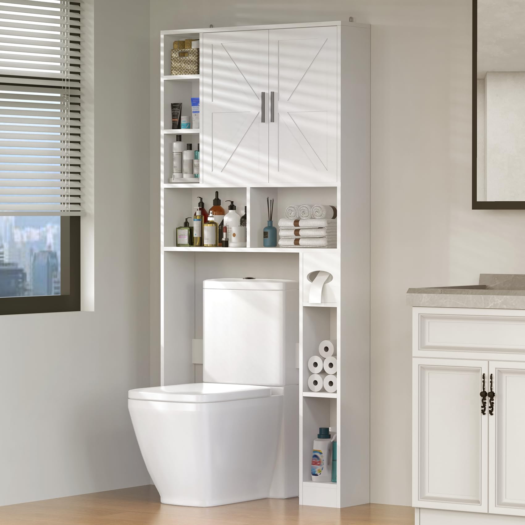 Winkalon Over The Toilet Storage Cabinet with 2 Barn Doors and Adjustable Shelves, Freestanding Toilet Shelf Organizer with Toilet Paper Holder, Space