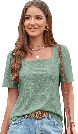 AMOMA Womens Spring Summer Square Neck Solid Tees Crochet Eyelet Short Sleeve T-Shirt