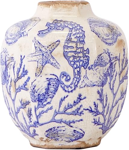 Nearly Natural Jarrón decorativo de cerámica náutica de 8.5 pulgadas