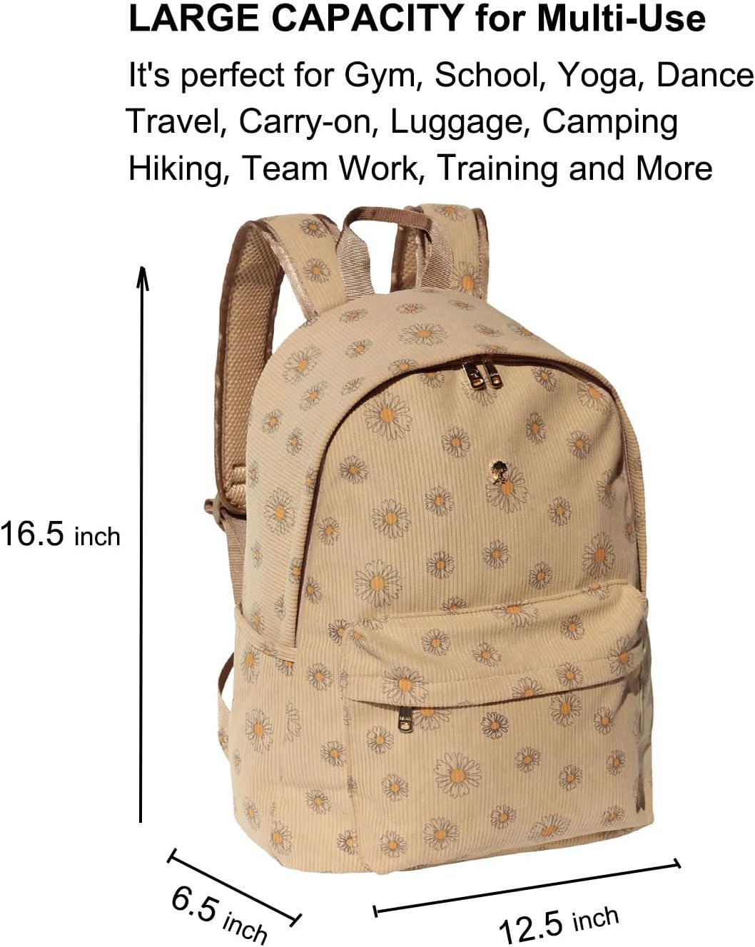 ESVAN Corduroy Original Travel Backpack,Waterproof Suitable for Travel,Gym,Shopping,Yoga,Hiking,Beach (Corduroy Brown daisy)