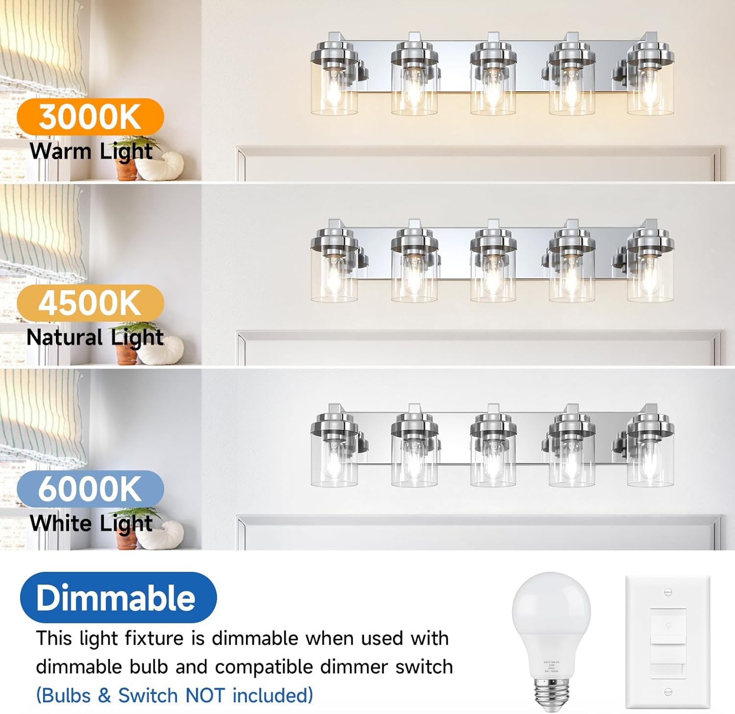 Bathroom Light Fixtures, 5-Light Bathroom Vanity Lights Over Mirror, Polished Chrome Vanity Lights with Glass Shade, 31" Modern Wall Sconce for Cabinet Porch Bedroom, Hallway E26