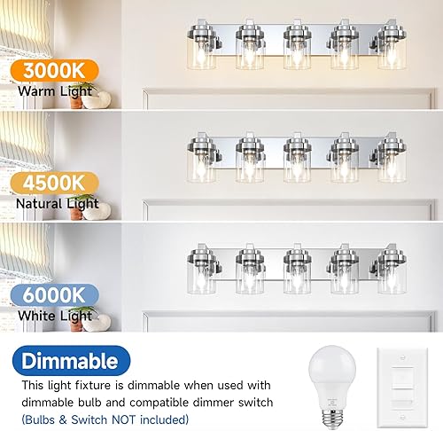 Miniatura 6 de Lámparas de baño, 5 luces de tocador de baño sobre espejo, luces de tocador de cromo pulido con pantalla de cristal, aplique de pared moderno de 31