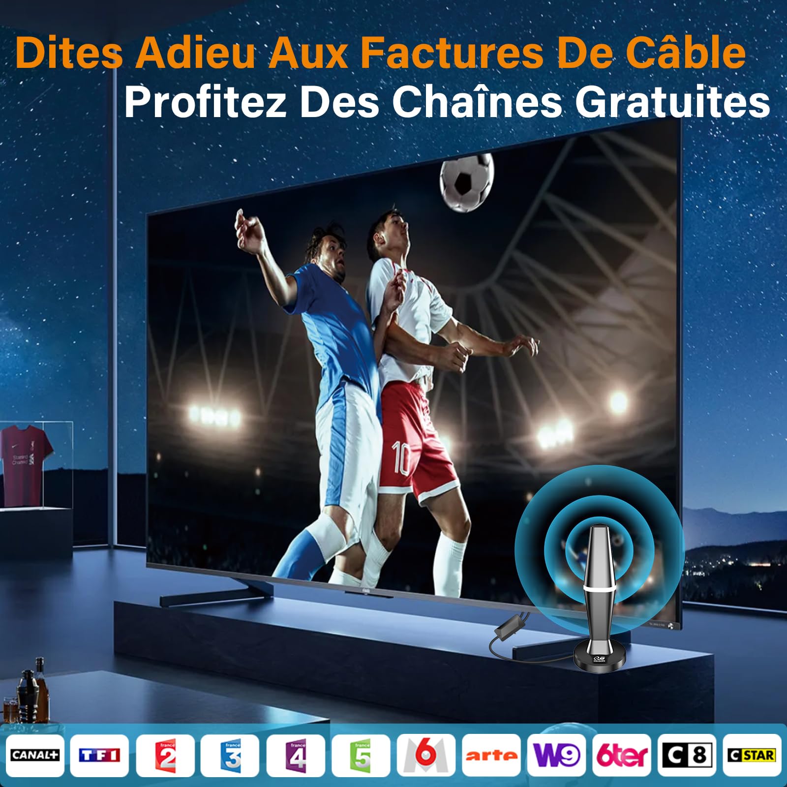 Antenne TNT intérieure équipée d'un amplificateur de Signal à Gain élevé | Réception 360°, compatible tous téléviseurs HD, capte chaînes TNT sans frais mensuels, base magnétique, câble coaxial long