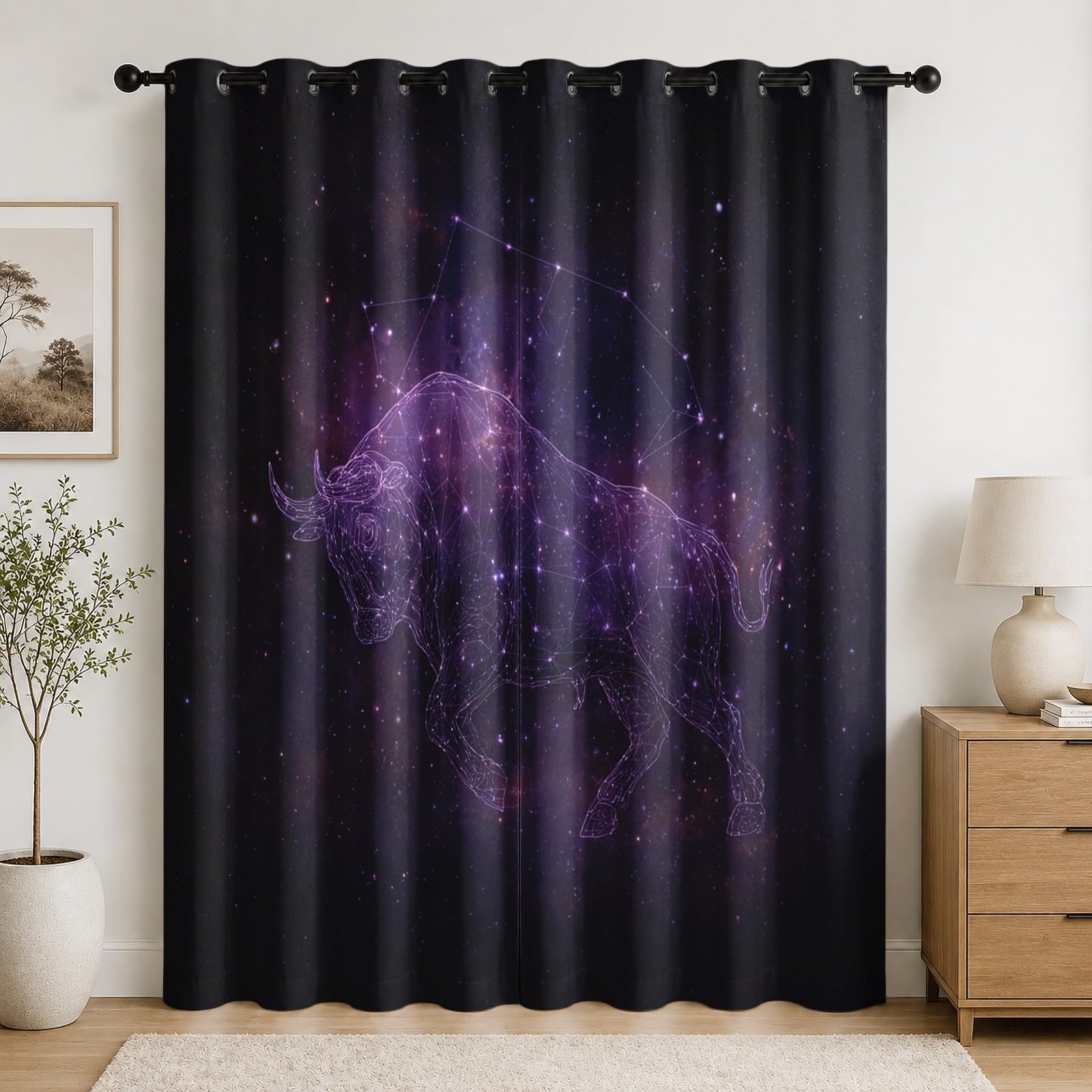 Rideau occultant violet 140x245 cm lot de 2 à oeillets constellation taureau