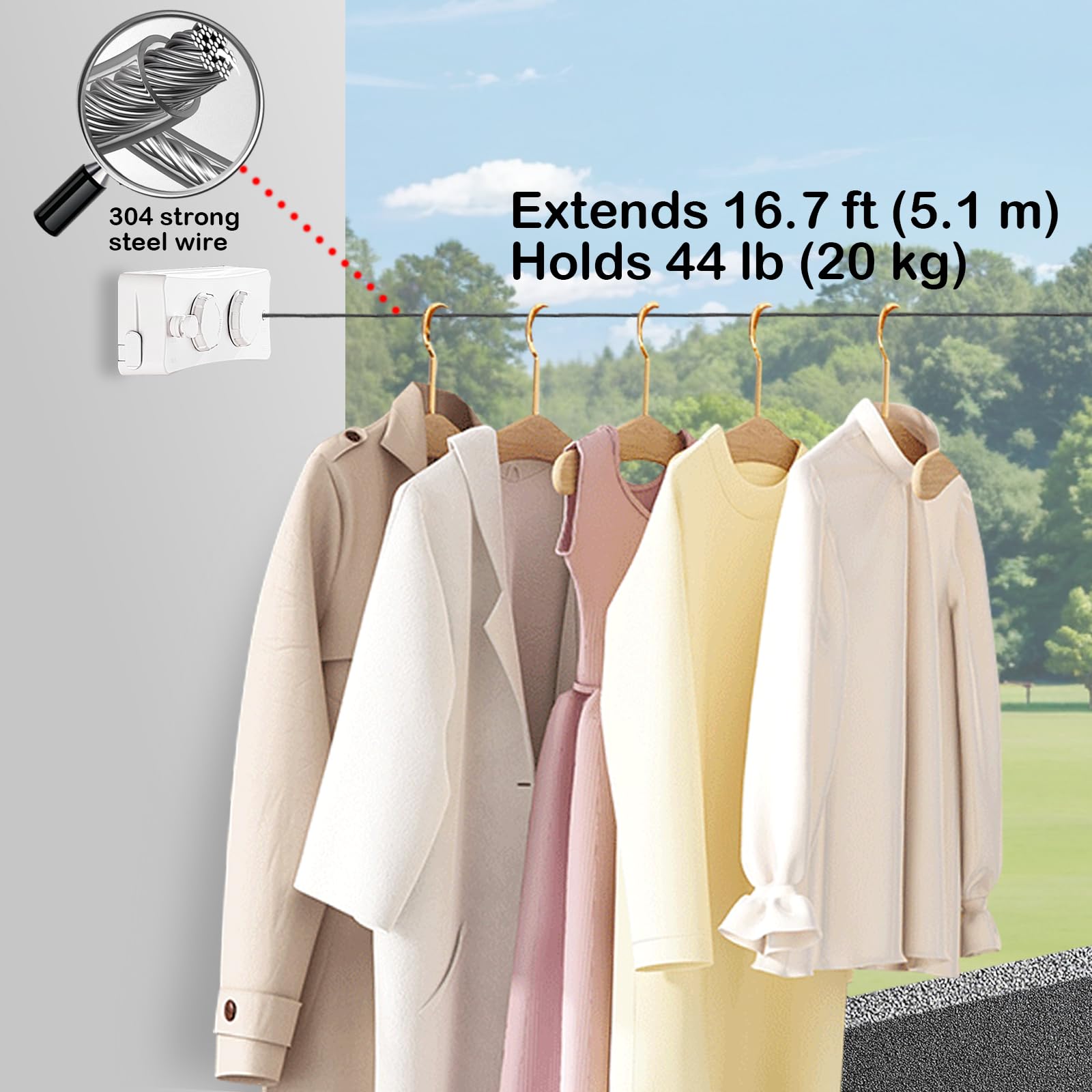 Einziehbare Wäscheleine, strapazierfähig, 20 kg, doppelte 304-Edelstahlschnüre, 5,1 m, Anti-Beschlag-Design, bohrfreie Installation für den Innen- und Außenbereich, Weiß, zwei Linien