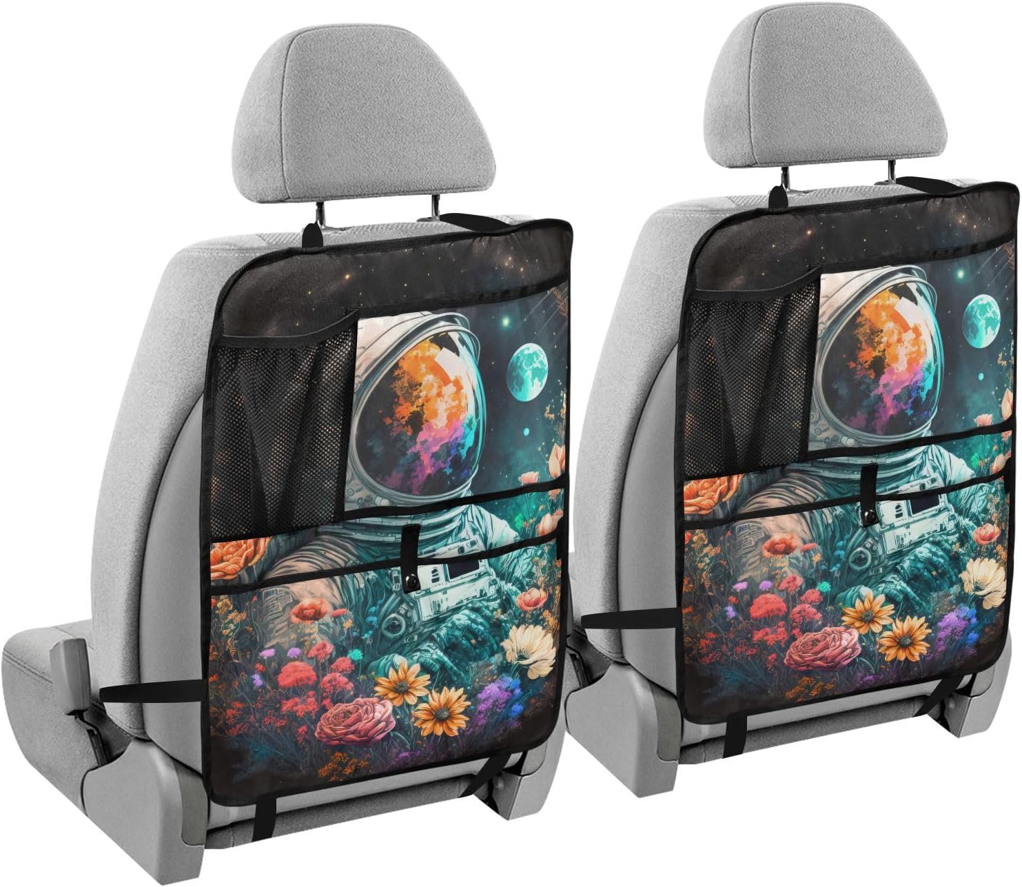 Car Seat Back Kick Mats Floral Astronaut Print, Seatback Protector with Pockets for Tablet Bottle Tissue Book, Auto Storage Organizers 25x18 IN 2 Pack