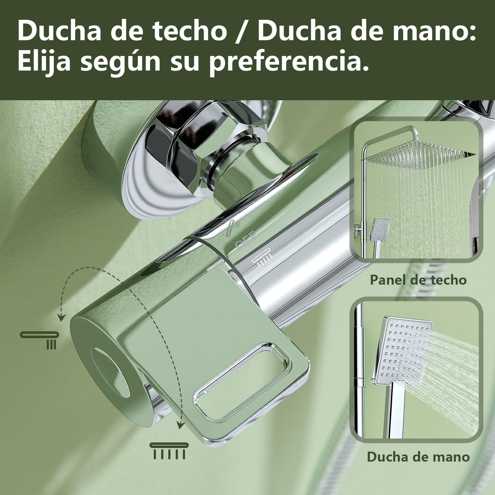 Sistema de ducha termostático acero inoxidable, cabezal lluvia cuadrado 12" (30 cm), ducha mano 1 modo. Grifería completa ajustable en altura, protección quemaduras, ahorro agua