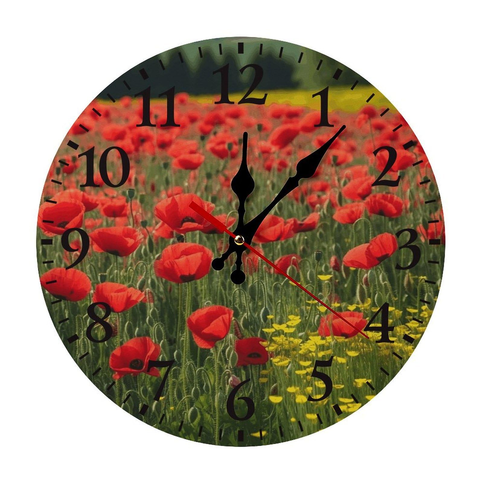 NTVOWPZO 10 Inch Wall Clock Red Poppy Field Farm Meadow Landscape Battery Operated Wall Clocks Silent Non-Ticking Round Wall Clock for Living Room Kitchen Home Office Wall Decorative Clock