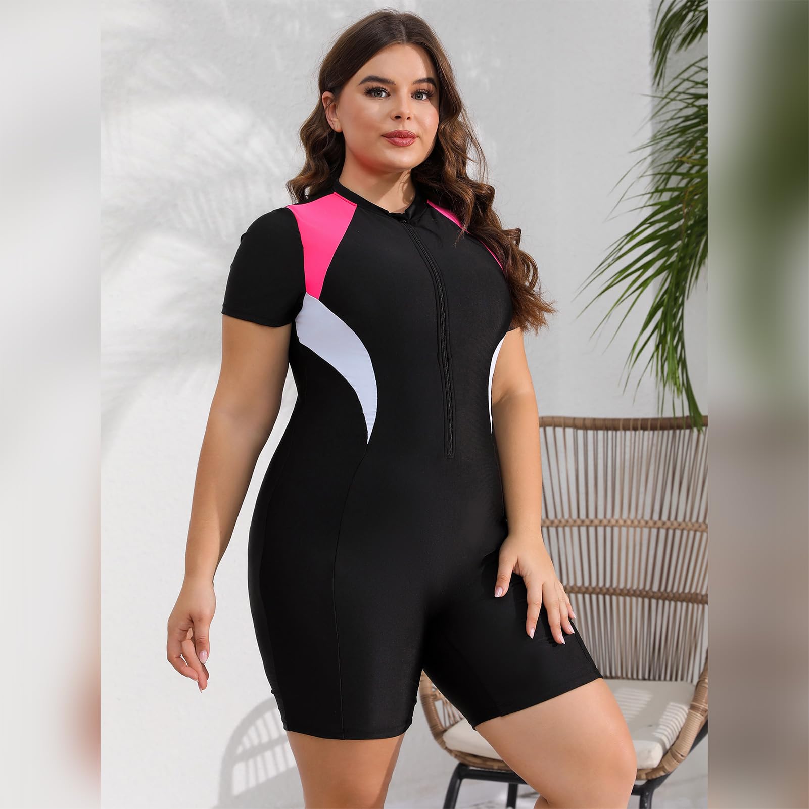Traje de baño de talla grande para mujer, traje de baño de manga larga con cremallera, protector de erupción de alta elasticidad, traje de baño de una pieza, traje de baño modesto con