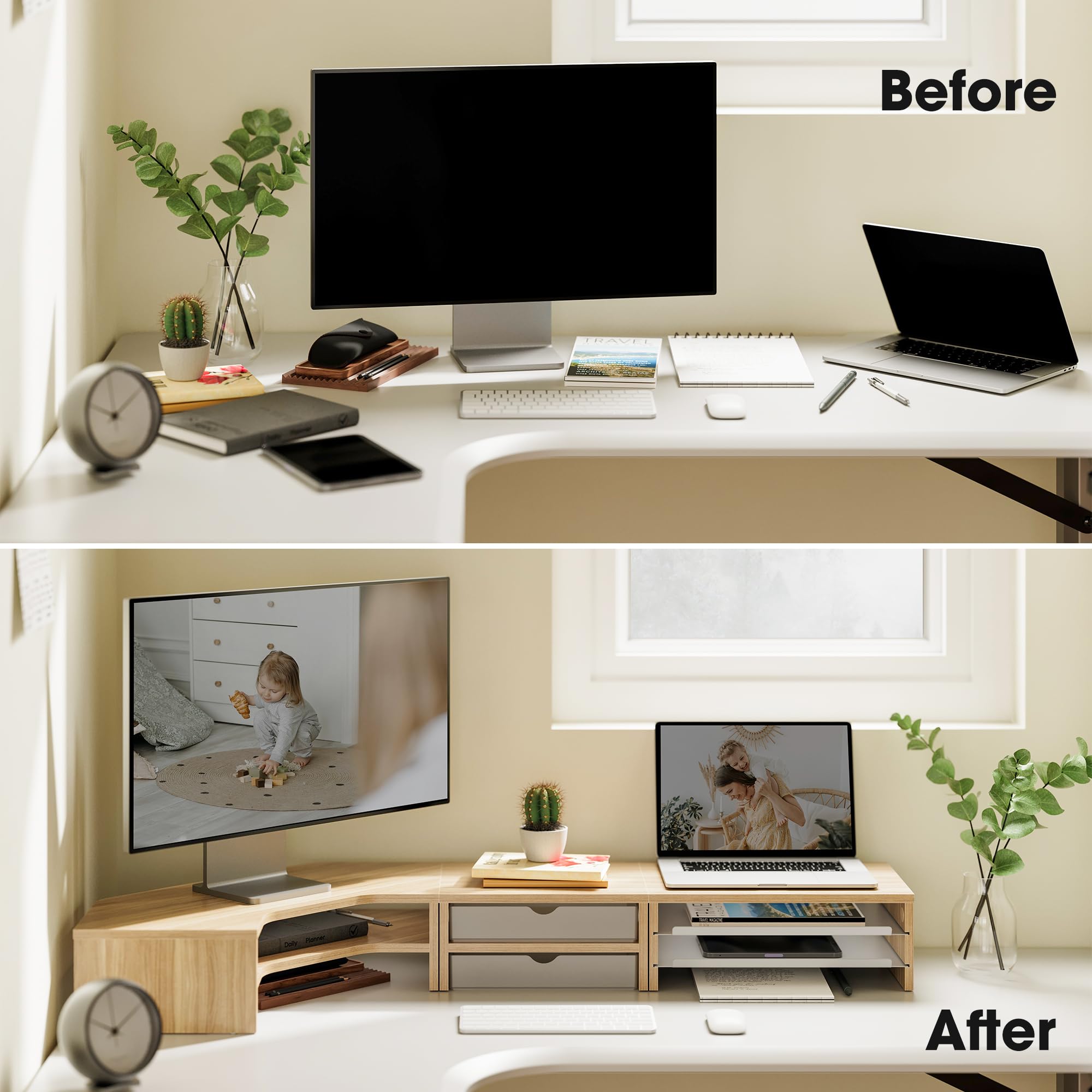 Fenge Supporto Monitor Scrivania 3 in 1, Rialzo Monitor Doppio con Cassetti, Vassoi Estraibili, Angolare a Forma di L, Combinazione Libera, per Ufficio Casa, PC, Laptop, Stampante, TV (Rovere)