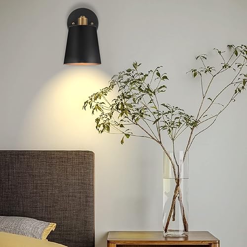 Miniatura 8 de Juego de 2 apliques de pared vintage negros, luces de pared industriales con cabezal de latón ajustable, lámparas de pared para interiores, lámparas
