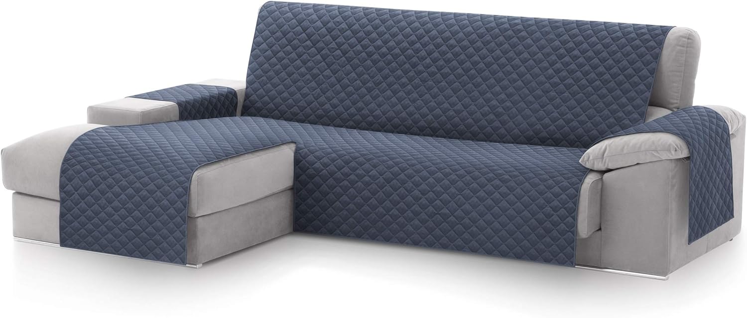 Textilhome Copridivano Chaise Longue con Penisola Malu 240cm – Salvadivano Trapuntato Universale con Bracciolo Sinistro, Protezione per Animali Domestici, Colore Blu (Visto da Davanti)