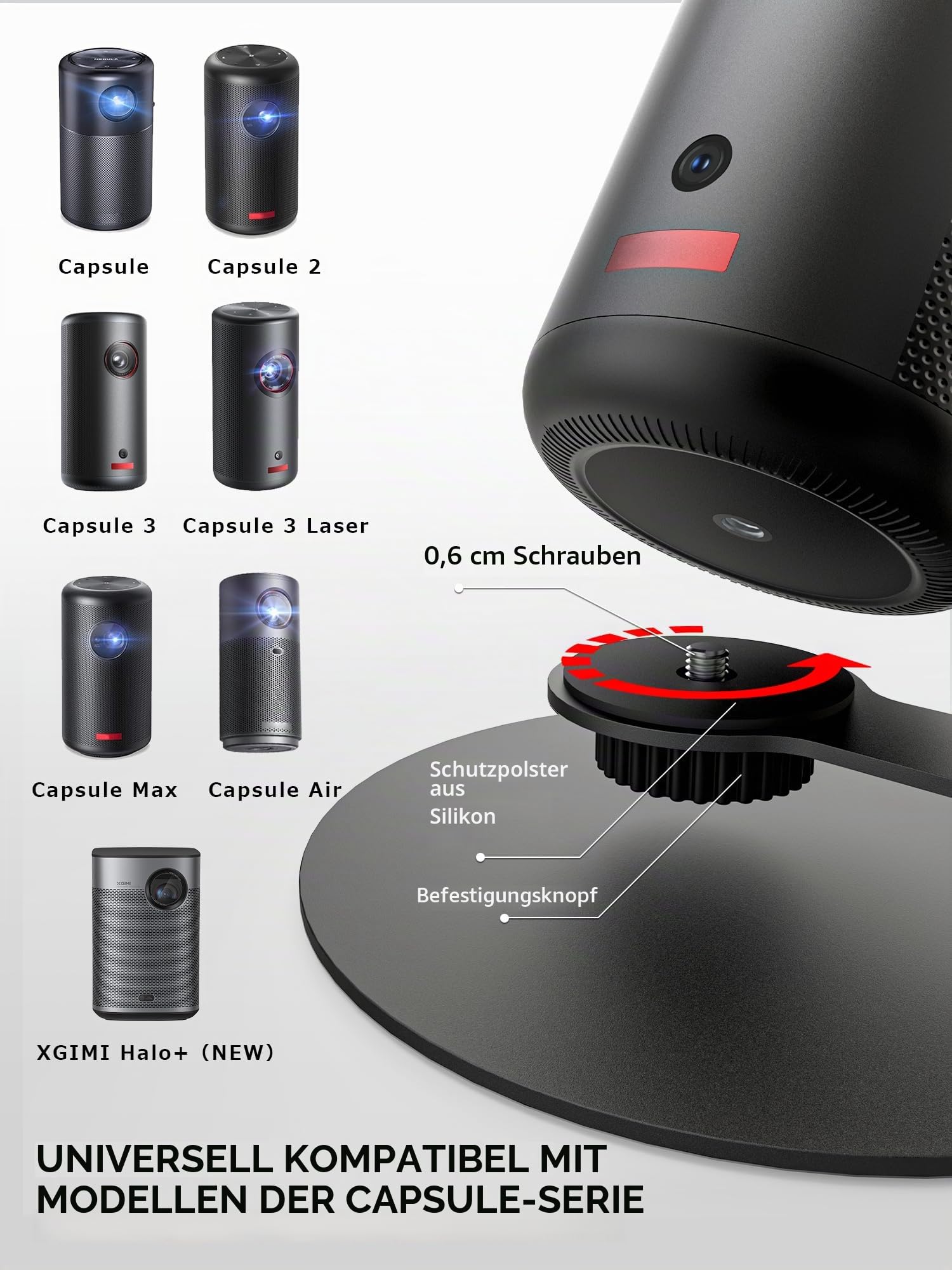 Mini Beamer Ständer Halterung für Nebula Capsule Serie(3/Air/Pro) & XGIMI Halo+, 360° Drehbar, 1/4-Zoll-Schraube, Schwarz