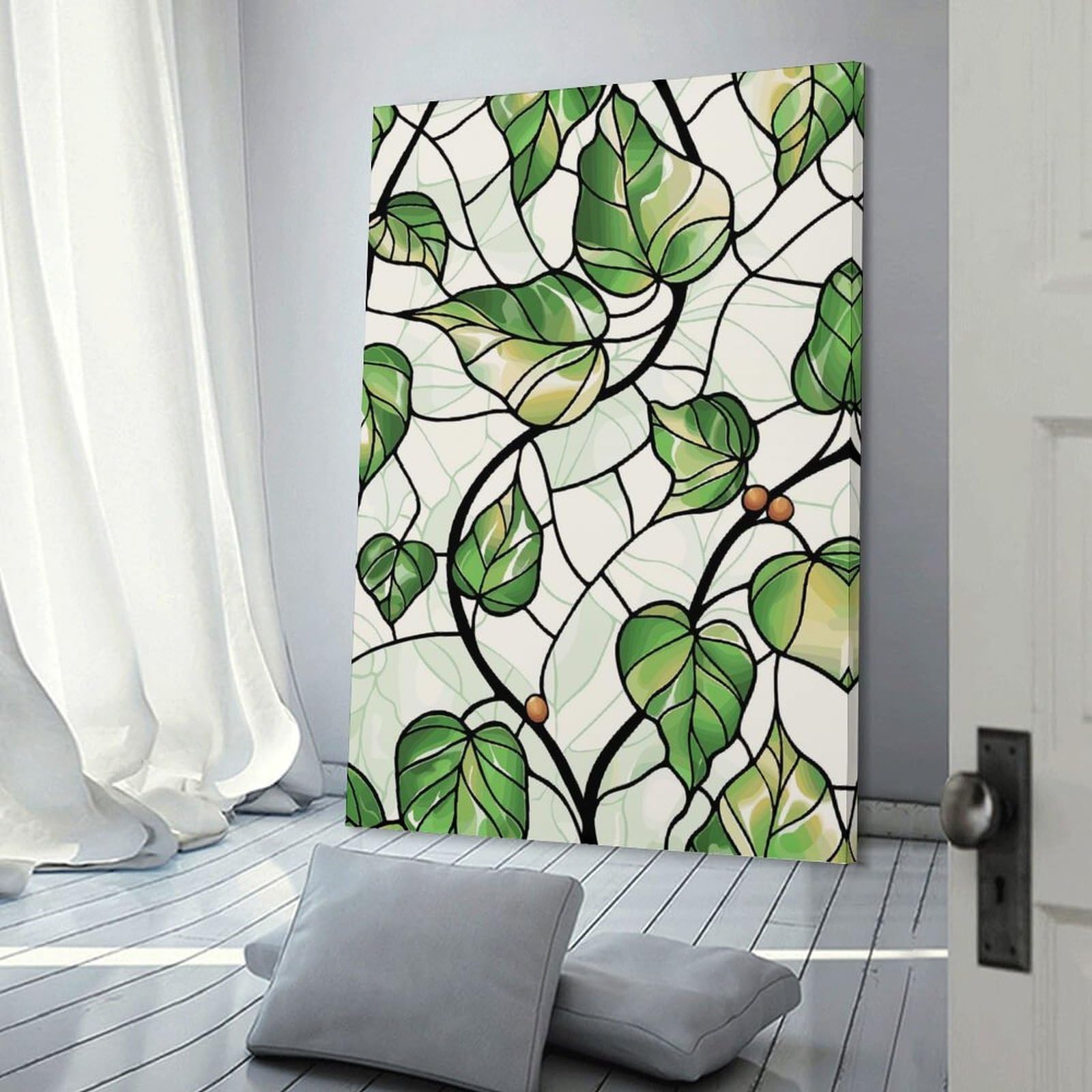 Junmoney Stained Glass Ivy Leaves Pattern Wall Picture Print, 20x30inch(50x75cm), for Feature Walls in Flats Or Modern Rooms, Decorative Artwork with Flexible Styling
