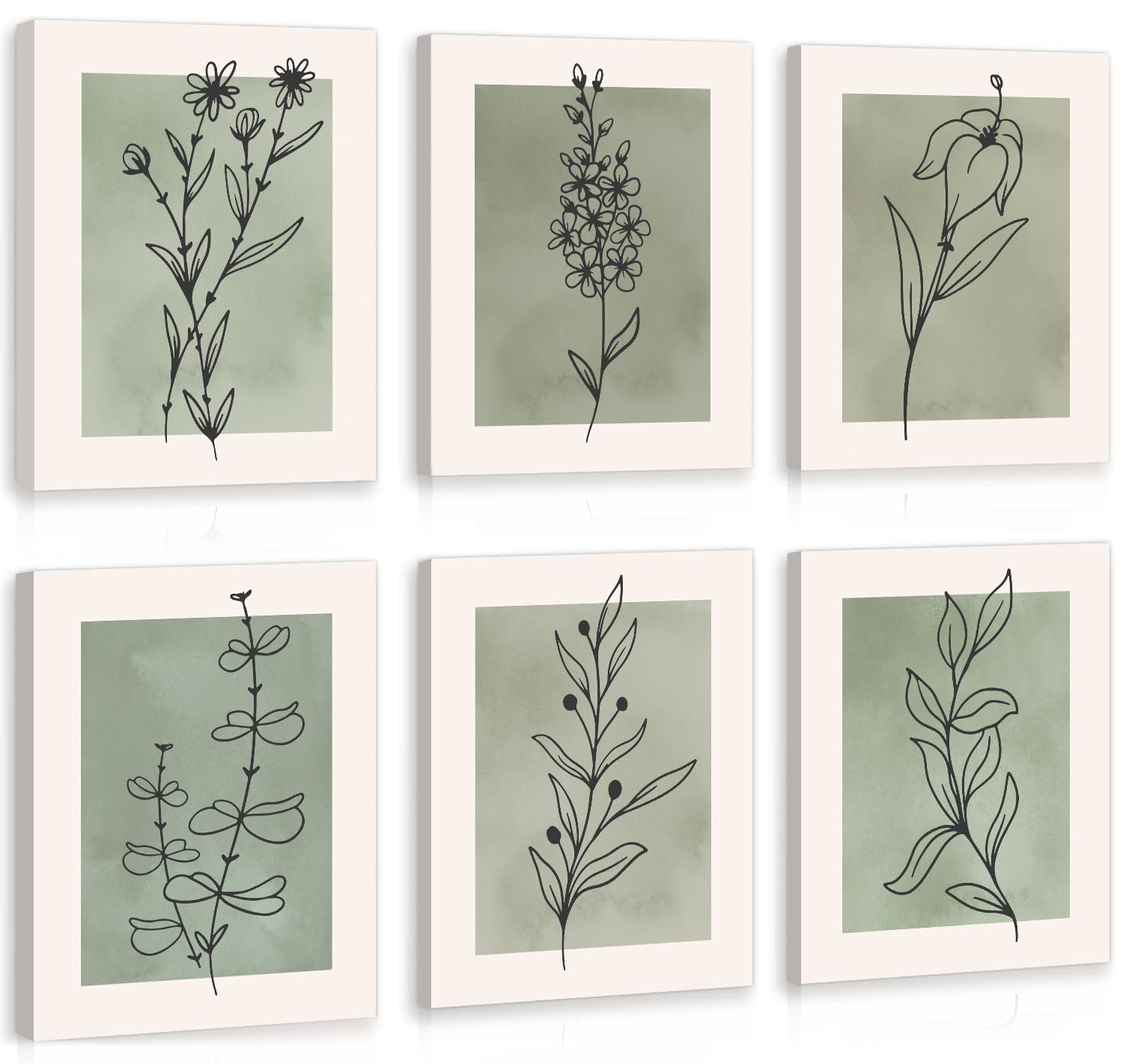 CHDITB Botanical Lines Framed Wall Art, Sage Green Boho Wildflower Decor