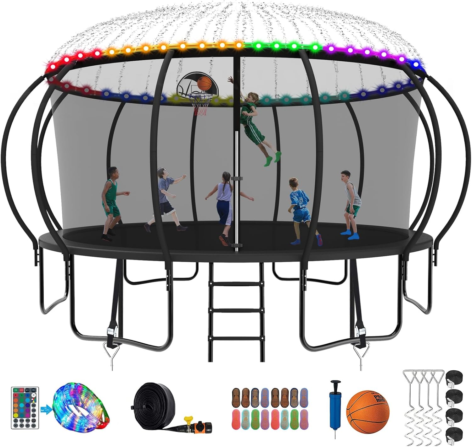 Skyup 2025 Upgraded 8 to 16 FT 1500lbs Trampoline with Light, Sprinkler, Socks, Basketball Hoop, Ladder, ASTM Approved