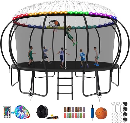 SKYUP Tranpoline de 12 14 15 16 pies y 1500 libras para niños y adultos, tranpolina recreativa con aro de baloncesto, tranpolina aprobada por ASTM