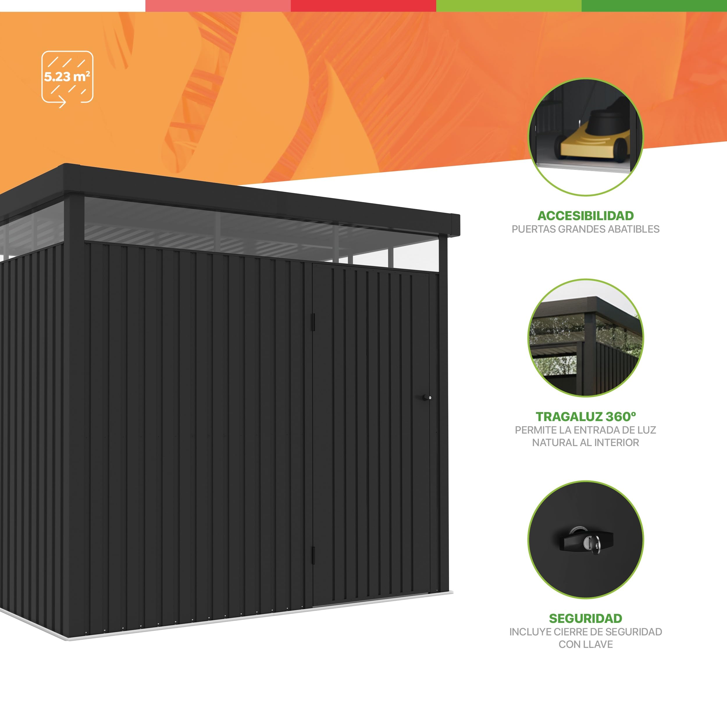 Wasabi – Caseta Jardín Exterior Metal 5,23m2 Ice – Grosor 0,40mm Robusto – Lámpara incluida - Cierre con Llave – Tragaluz 360º - Techo Plano - Cobertizo Resistente de Almacenamiento – 249x211x218cm
