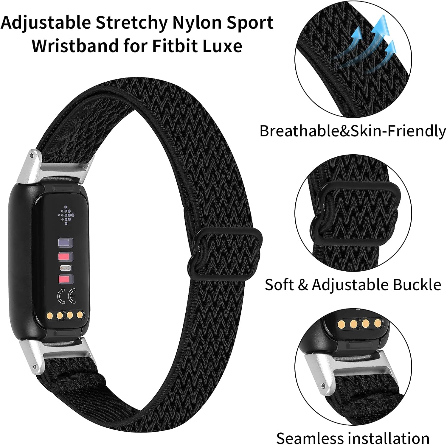 OCEBEEC 2 Pack Elastic Bands Compatible with Fitbit Luxe, Adjustable Stretchy Nylon Sport Wristband Replacement for Fitbit Luxe Fitness and Wellness Tracker Women Men(Black+Apricot)