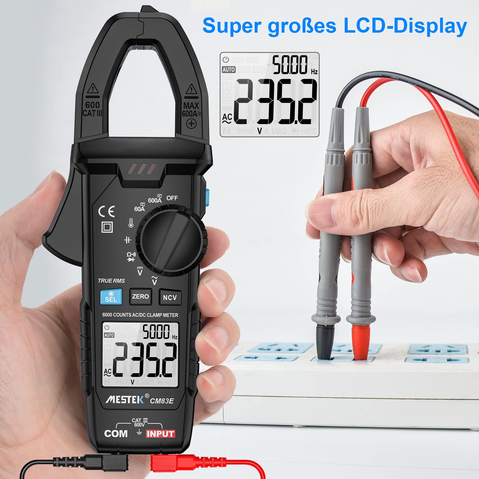 Pinza Amperimetrica Multimetro MESTEK Polimetro Digital Profesional Clamp Meter AC DC Corriente Voltaje CA/CC T-RMS Amperímetro Autorango Resistencia/Frecuencia/Temperatura Bateria NCV VFC 6000Cuentas