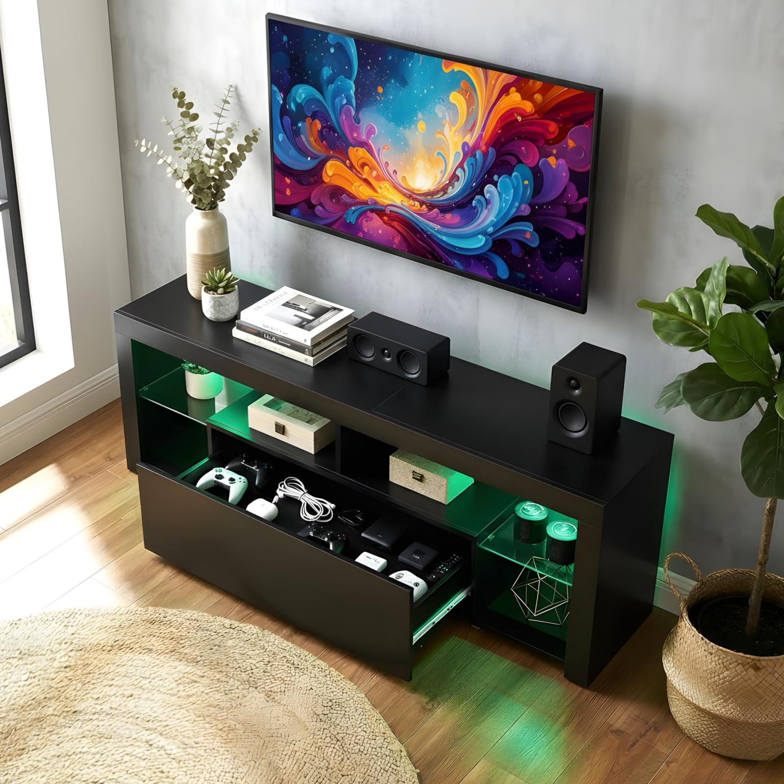 Meuble TV Noir 140cm Longueur avec Bande Lumineuse, Meuble Télé Moderne avec Étagères en Verre et Tiroir, Meuble TV Bas avec Rangement pour Salon, Chambre et Gaming (140x35x50cm)