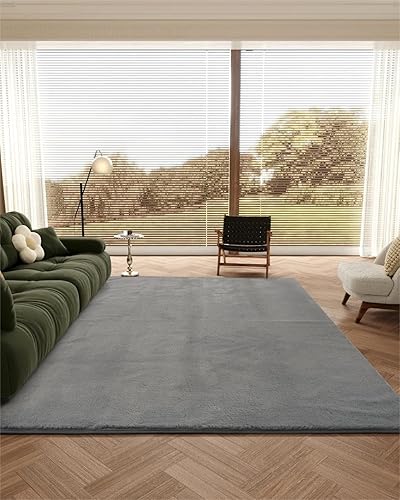 Rehert Alfombra gris de lujo, 4 x 6 pulgadas, esponjosa, suave, de piel sintética de conejo, alfombra de piel sintética para sala de estar, alfombra