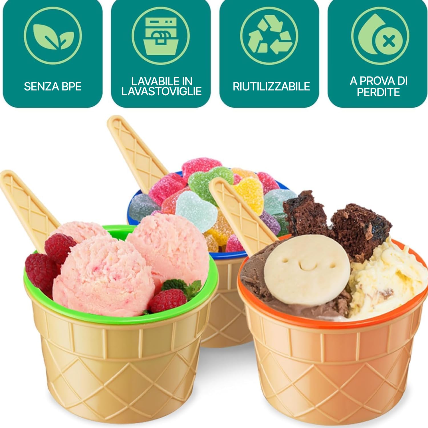 Set JoyServe 6 coppette e cucchiaini per gelato – coppette di plastica riutilizzabili e cucchiaini a cono waffle per dessert, yogurt gelato e