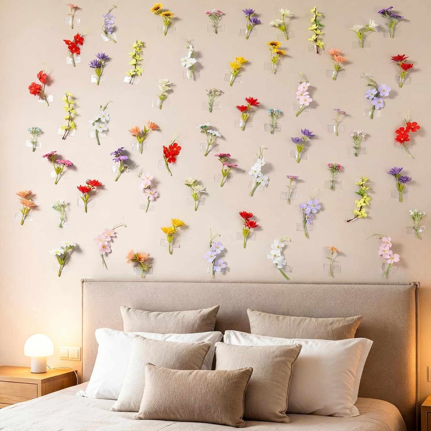 Suncalla 60 Pcs 3.9'' Spring Artificial Wildflower 3D Fake Flowers DIY Wall Decorations Faux Silk Floral Backdrop with 9.8ft Double Sided Tape Heavy Duty No Traces for Wall Arch Summer Home Decor