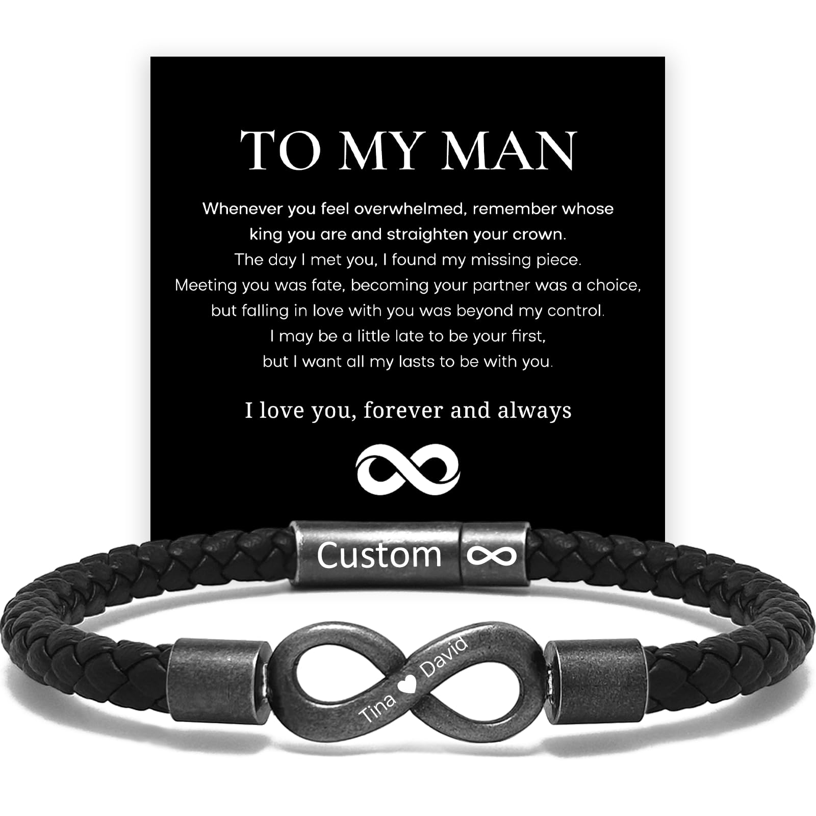 To My Man, Personalized Dual Name Infinity Leather Bracelet, Custom Name Text and Symbol Stainless Steel Braided Bracelet for Men/Women, for Xmas, Birthday, Anniversary, Valentine