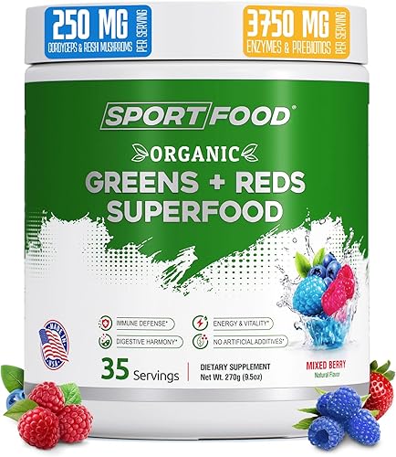 Superalimento en polvo orgánico de verduras y rojos  Sabor mixto de bayas  Más de 25 frutas y verduras, remolacha, prebióticos  Mezcla de batidos