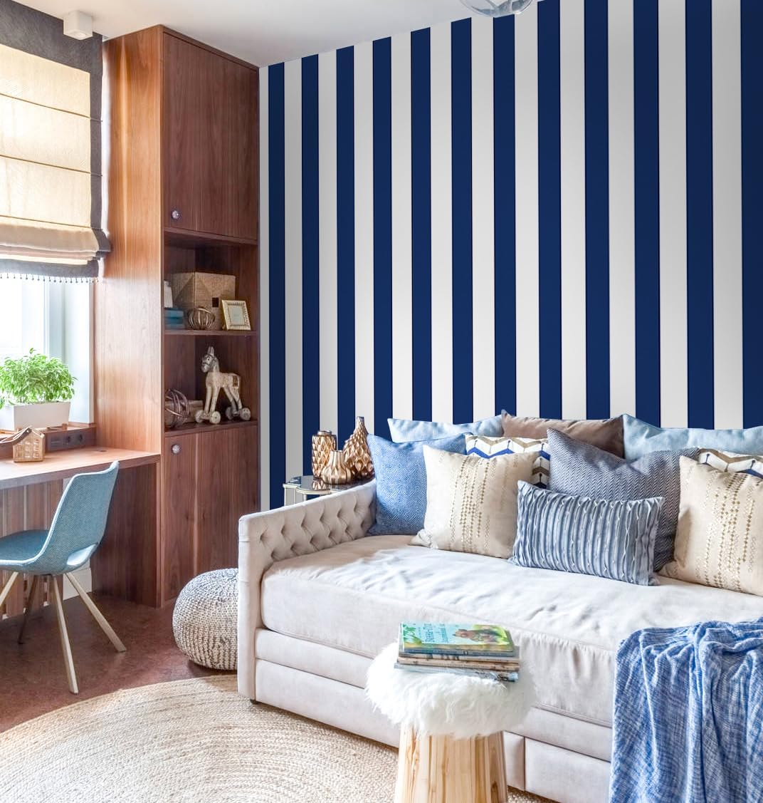 Erfoni 17.7"x394" Removable Wallpaper Stripe Peel and Stick Wallpaper Modern Blue and White Wallpaper Self Adhesive Contact Paper DIY Decorative Wallpaper Dark Stripe Wallpaper for Home Walls Covering