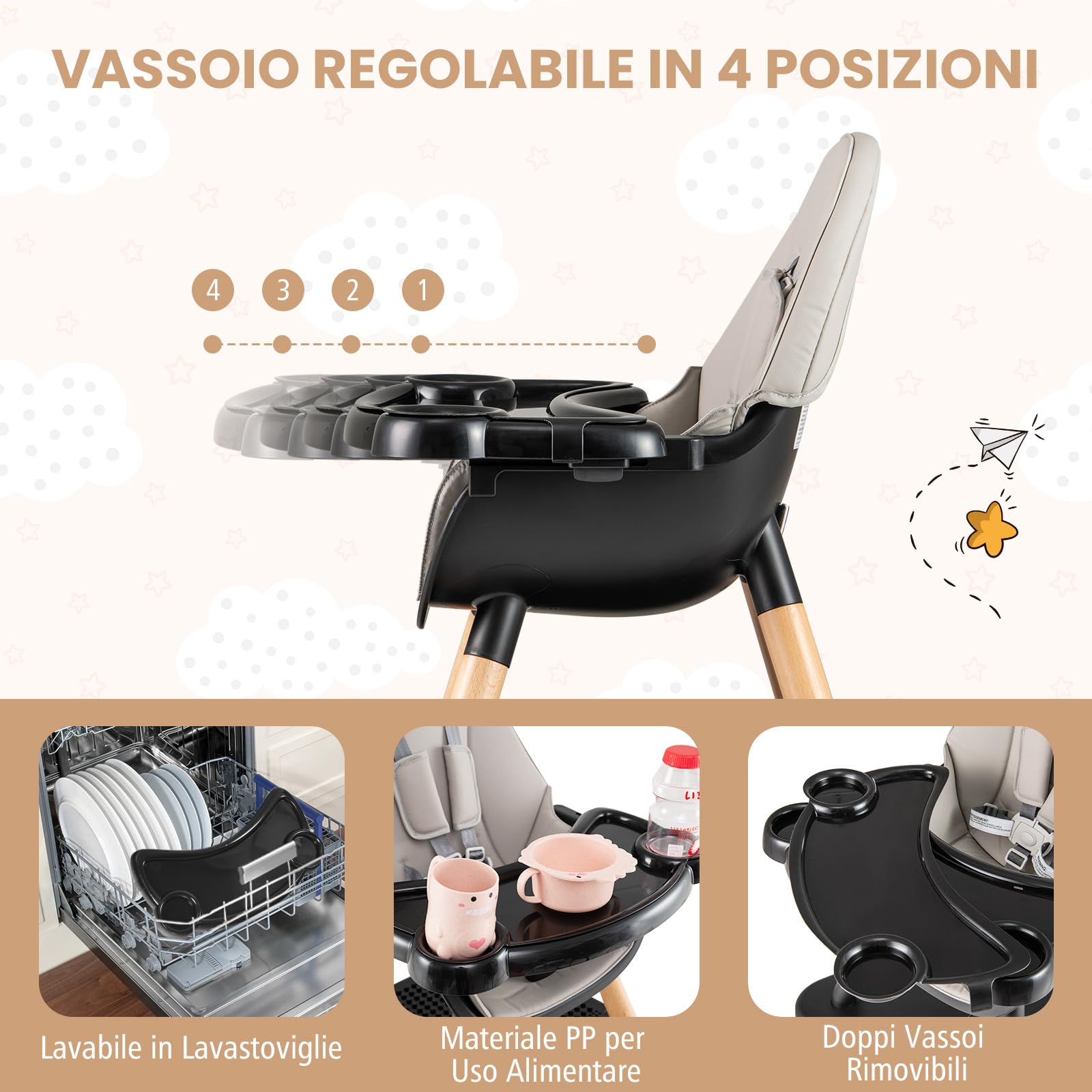 RELAX4LIFE 4 in 1 Seggiolone Pappa, Seggiolone Evolutivo con Vassoio Rimovibile e Cintura di Sicurezza, Altezza Regolabile in 4 Posizioni, per Bambini e Neonati 6-36 Mesi (Standard, Grigio Scuro)