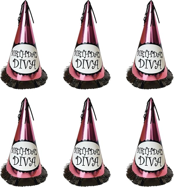 Beistle S60619AZ6 Fringed Foil Birthday Diva Party Hats, Paper, Pink/Black/White