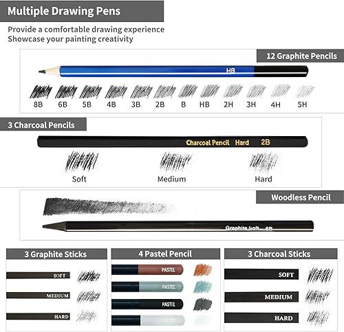 Miniatura 3 de MYBRELAR Kit de dibujo y dibujo, 41 lápices de dibujo profesionales para kit de bocetos con cuaderno de bocetos, lápices de grafito y carbón, juego