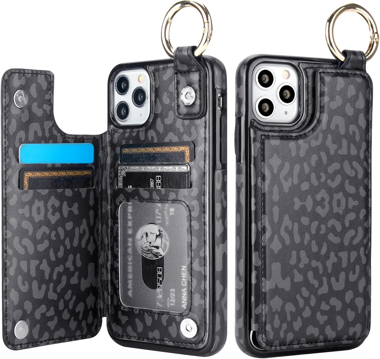HAOPINSH for iPhone 11 Pro Max Wallet Case with Card Holder, Black Leopard Cheetah Print Back Flip Folio PU Leather Kickstand Card Slots Case, Finger Grip Ring Double Magnetic Cover 6.5"