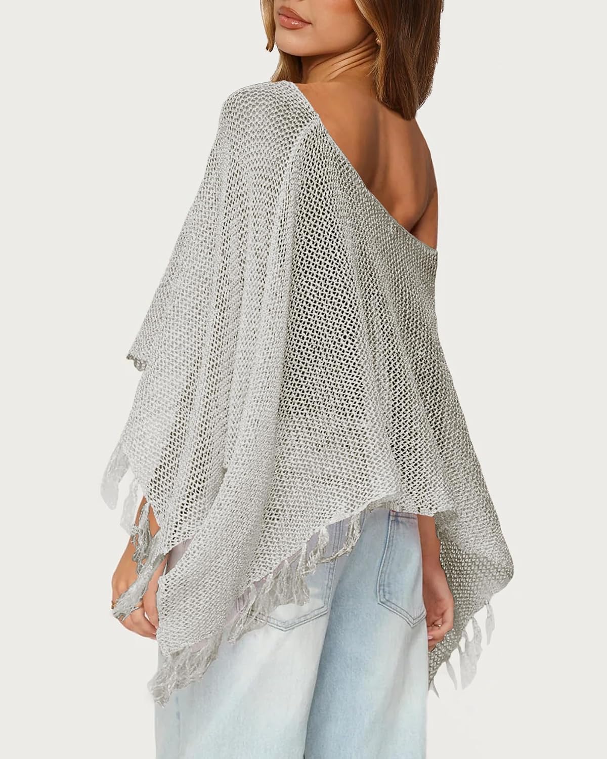 Womens Sheer Knit Fringe Poncho Top Light Crochet Sequin Poncho Shawl image 3