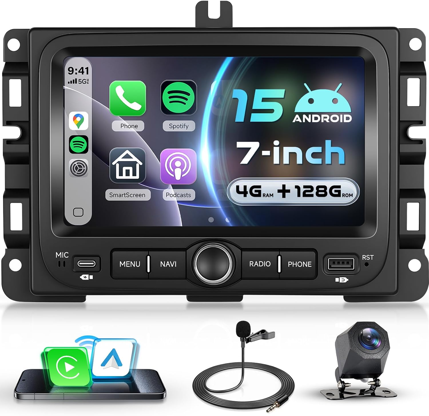 VECHTEL 4G + 128G Car Radio Android 15 for Jeep Renegade 2016-2021/Jeep Compass 2017-2020 7 Inch IPS HD Touchscreen with Wireless Carplay Android Car GPS Wi-Fi USB/Type-C Bluetooth FM RDS Reversing