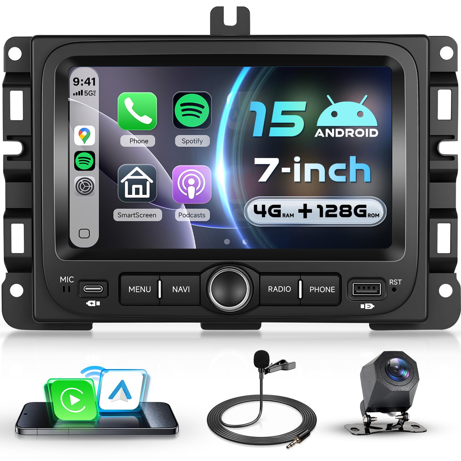 Autoradio Android 15 CarPlay sans fil pour Jeep Compass écran 7'' IPS - 8