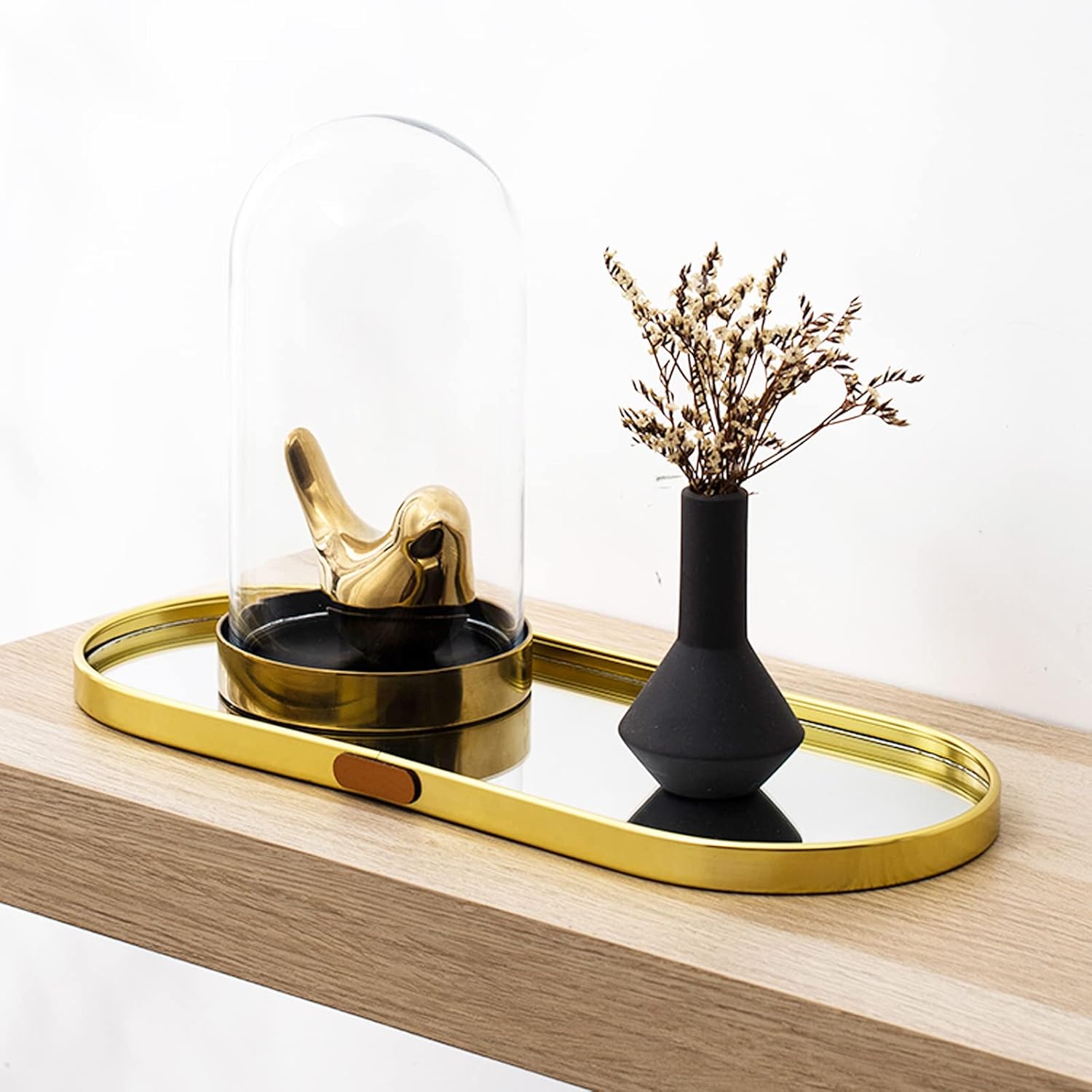 i-LAN 2-Pack Gold Vanity Tray - 12 Inch Stainless Steel Oval Mirror Decorative Tray - Modern Guest Towel Tray for Bathroom, Jewelry, Perfume, Candle, and Makeup Organizer - Narrow Metal Serving Plate